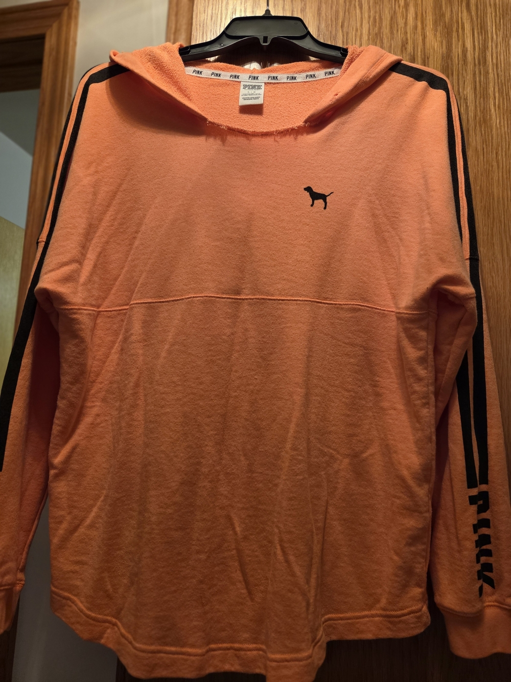 PINK Victoria's Secret Orange Crewneck Hoodie with Black Stripe Detail